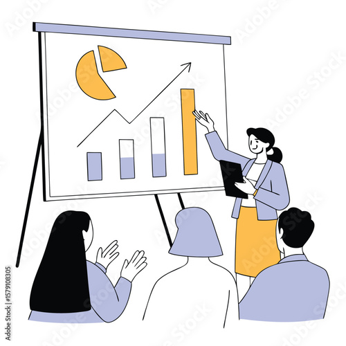 Cheerful female presenter explaining business data on a chart to her colleagues team