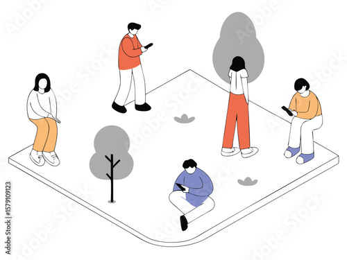 People using smartphones in a park illustration with modern and minimalist style