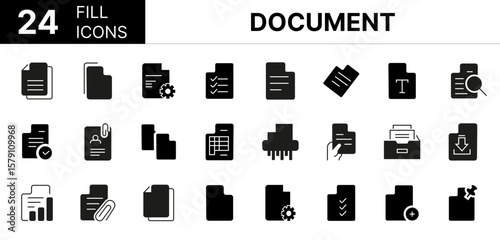 Collection of 24 Document fill icons featuring editable strokes. These outline icons depict various modes of Document, paper, file, line, form, contract, business, signs, vector, thin stroke,