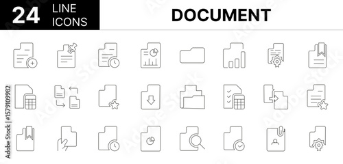 Collection of 24 Document line icons featuring editable strokes. These outline icons depict various modes of Document, paper, file, line, form, contract, business, signs, vector, thin stroke,