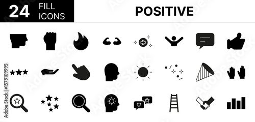 Collection of 24 positive fill icons featuring editable strokes. These outline icons depict various modes of positive, icon, vector, positive, aggressive, passion, smile, mental, courage, hustle,