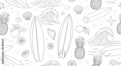 Detailed Line Art Pattern with Surfboards Pineapples Waves and Citrus Fruits.