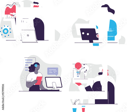 Four different employees working at their desks represent modern digital business today