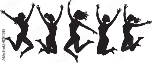 Vector art of five women jumping with excitement and joy