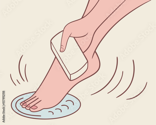 Foot care illustration shows person scrubbing foot with pumice stone on white background