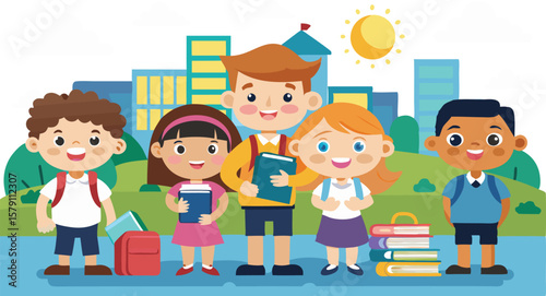 This collection of images depicts illustrations of school children, often engaged in activities like holding books, standing in groups, or wearing school uniform
