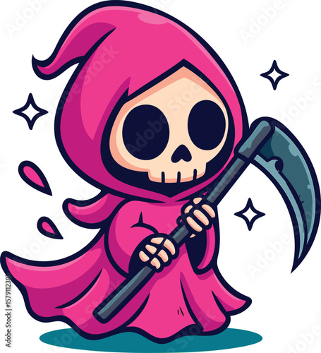 Adorable Grim Reaper in Pink Cloak Vector Cartoon