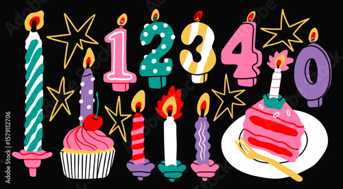 Burning number shaped Candles, spiral candles, cake, cupcake, stars. Hand drawn modern Vector illustration. Isolated design elements. Birthday celebration, party, anniversary concept