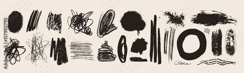 Ink, pencil pen, paint, crayon brush strokes. Grunge texture set. Different shapes, curly chaotic spiral strokes. Abstract doodle style. Hand drawn modern Vector illustration. Isolated design elements