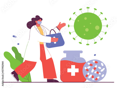 Masked female doctor shows the virus near a medicine bottle and pills in transparent background