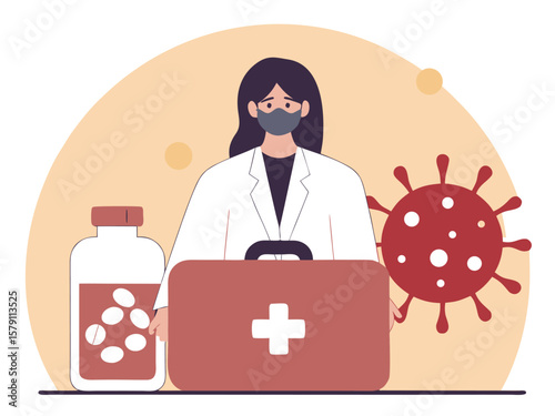 Masked female doctor stands ready with medication and first aid kit near virus