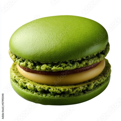 Delicious green macaron with creamy filling and chocolate layer isolated on white background