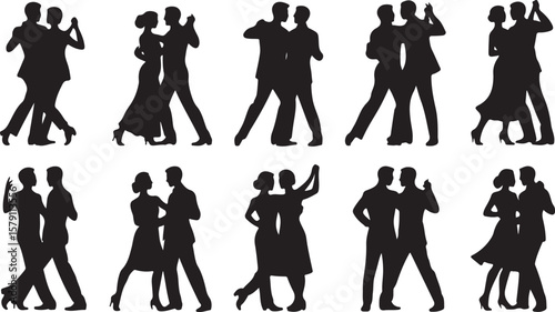 Vector art of ten couples dancing in various ballroom poses isolated on white