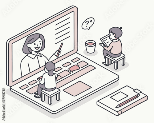 Online education illustration depicting teacher and students on transparent background
