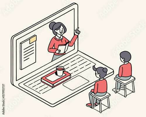 Online education illustration depicting teacher presenting to students via laptop screen
