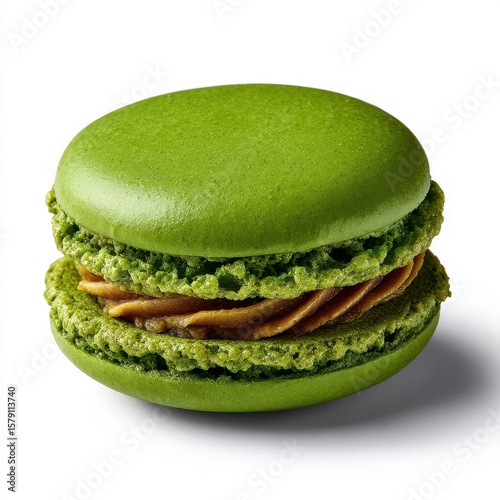 Green matcha macaron with caramel filling isolated on white background