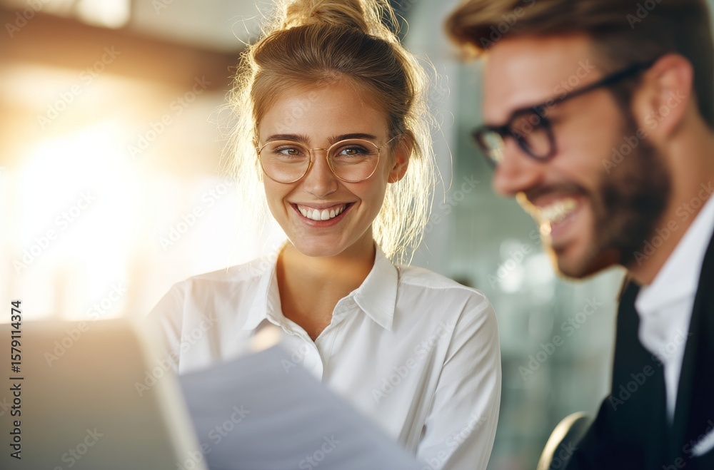 Obraz premium Happy young business team collaborating on a project in a modern office setting with laptop