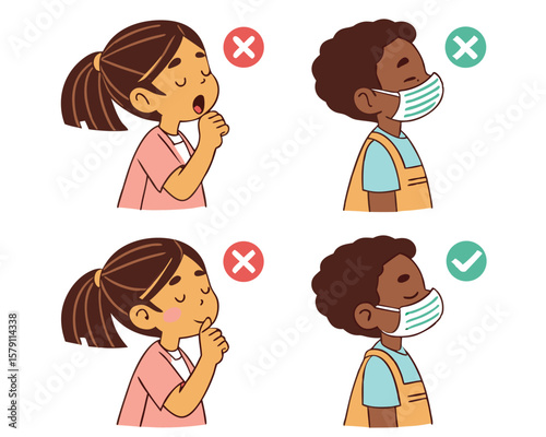 Proper and improper ways to cough and wear a mask for children health safety