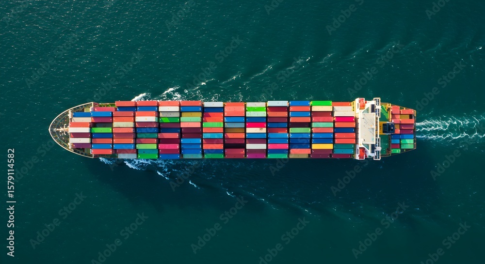 Fototapeta premium Large Cargo Ship Transporting Colorful Containers Over Blue Ocean Waters in a Maritime Environment