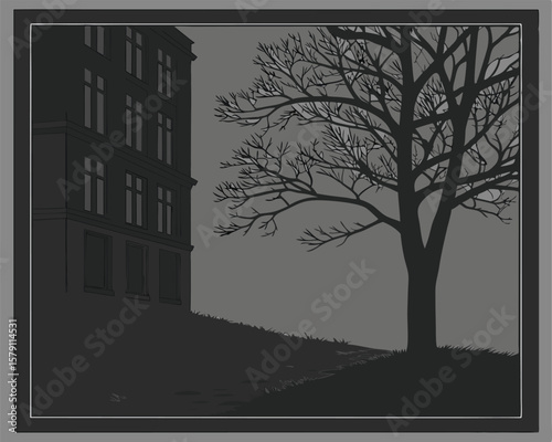 Silhouetted tree and building on a grayscale landscape illustration with transparency