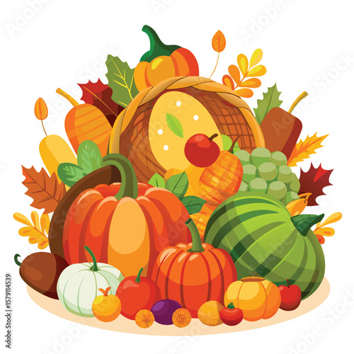 Ripe pumpkins and vibrant autumn leaves form a festive harvest illustration, perfect for fall, Thanksgiving, or Halloween designs