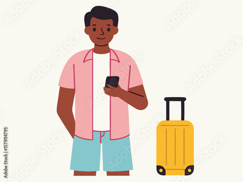 Smiling African American man checks phone beside yellow luggage, showcasing simple shapes