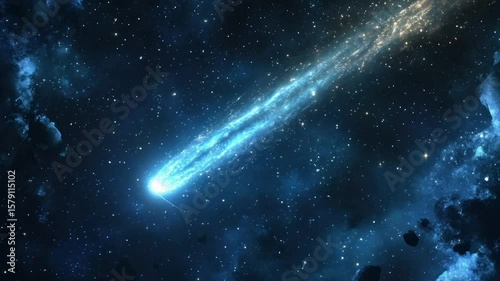 Bright comet streaks across a vast, starry expanse of deep space