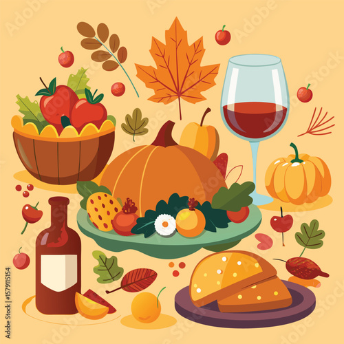 Pumpkin and autumn leaves decorate a Thanksgiving background with wine, celebrating the harvest season