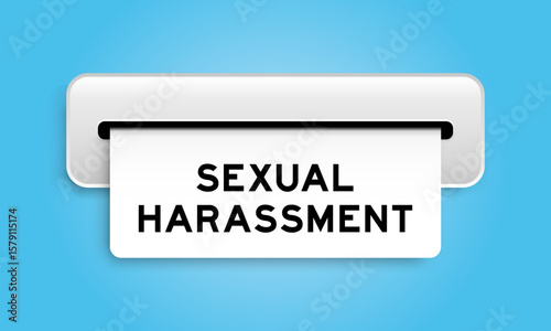 White coupon banner with word sexual harrassment from machine on blue color background