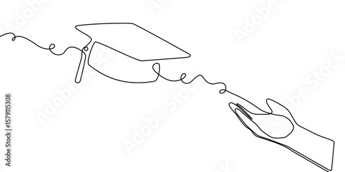 Hat line cap college student education continuous icon illustration university study. Cap school hat one vector outline hand linear book certificate graduate silhouette academy tassel degree grad day.