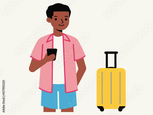 Smiling African American man with yellow luggage holds smartphone near him on plain background