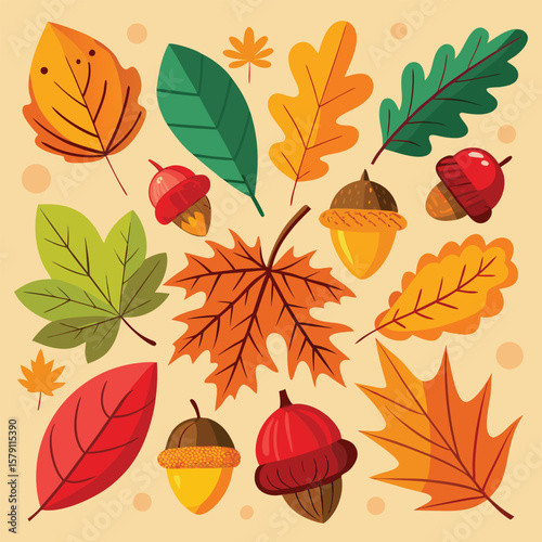 Seamless autumn leaves pattern with acorns, a vibrant fall nature design