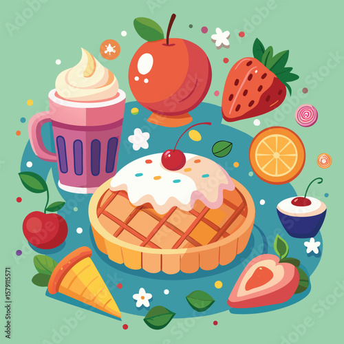Seamless vector pattern with cute birthday cupcakes, cakes, and sweets, perfect for dessert illustrations, candy wallpaper, or bakery decoration