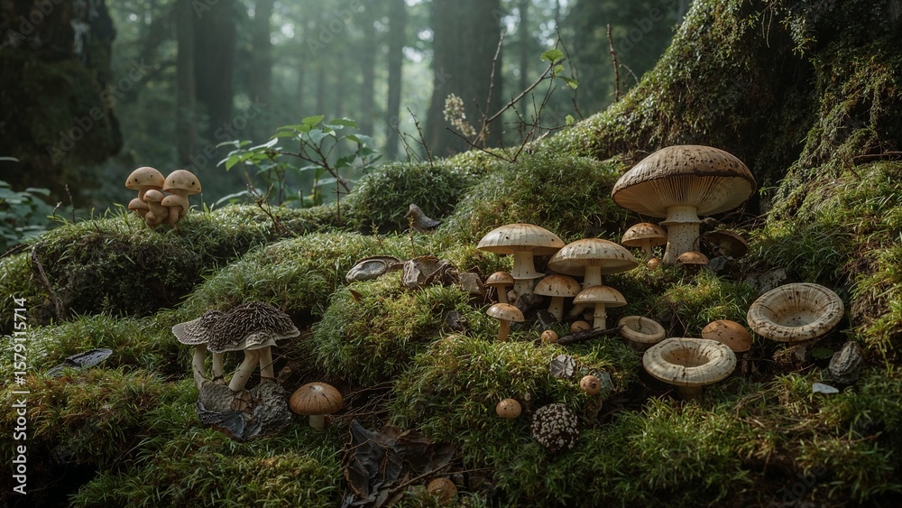 Obraz premium A forest floor covered in moss and mushrooms of various sizes and shapes in natural light setting