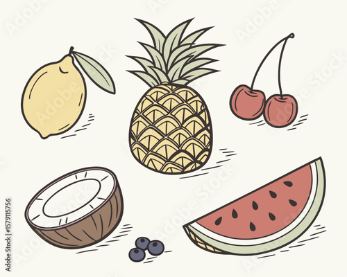 Colorful hand drawn fruits set including lemon pineapple cherries coconut and watermelon