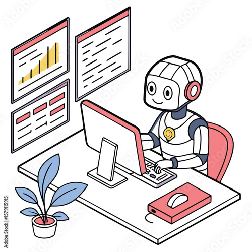 Smiling robot types on keyboard while monitoring charts and data on screen