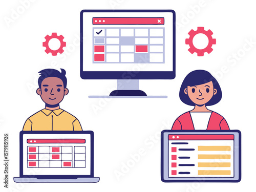 Smiling professionals using computer interfaces display scheduler and task list over transparent background