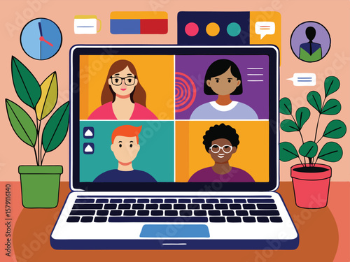 Diverse team members attending online meeting on laptop with plants and clock