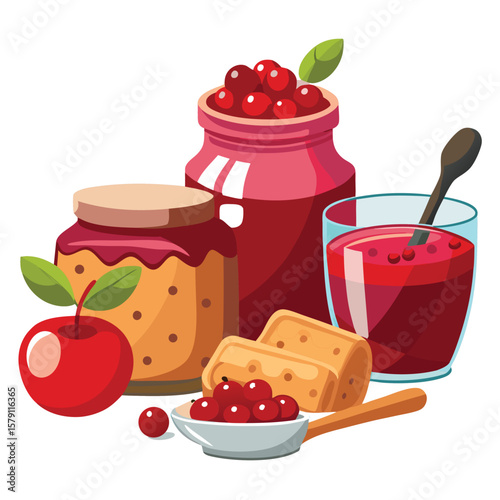 Stock vector illustration set of cartoon jam and fruit for breakfast