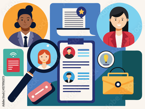 Human resources and recruitment illustration with diverse professionals on white background