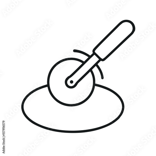 A minimal line art presents a pizza cutter slicing through pizza dough, perfect for food-related designs or culinary concepts.