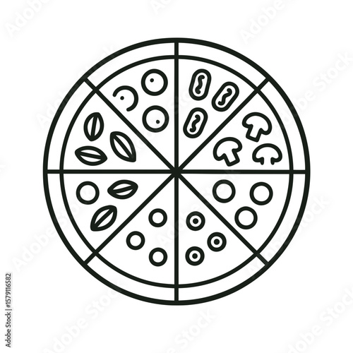 Delicious pizza graphic showcases varied toppings in a simple, clean outline style perfect for menus and promotional food designs.