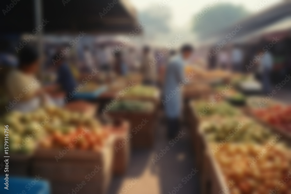 Naklejka premium blurry traditional market, showing the busy market atmosphere of buyers and traders in the morning, blurry wallpaper.