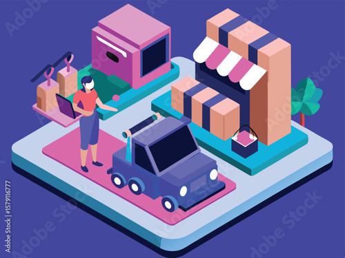 Isometric e-commerce illustration depicting online shopping and delivery on white background