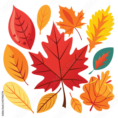 Autumnal maple and oak leaves in a vibrant, seamless vector pattern illustrate the colorful fall season