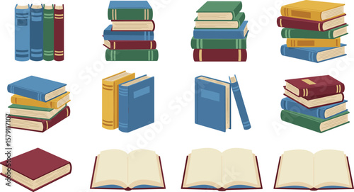 Stacked books vector, open book icons, reading materials clipart, library illustration, education elements, textbook graphics, colorful book collection set