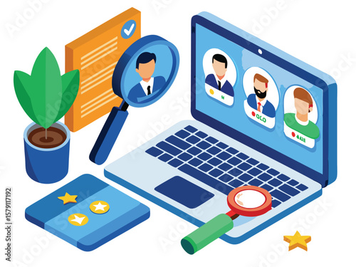 Isometric illustration of online job interviews and candidate selection processes.