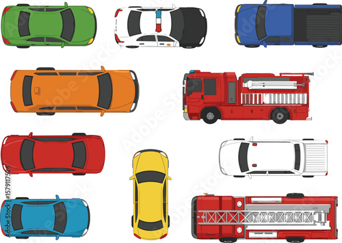 Top view car vector set, colorful vehicles illustration, emergency cars, city transport clipart, police fire truck bus van icons