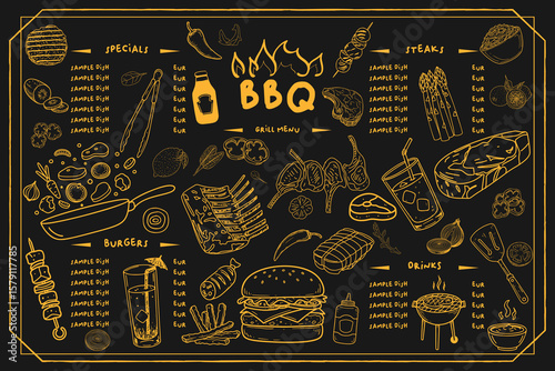 A menu with a user-friendly design, featuring hand-drawn steak and food visuals.