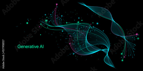 Illustration of abstract stream, AI brain concept. Artificial intelligence. Big data, technology, AI, data transfer, data flow, large language model, generative AI, LLM, NLP. NLG